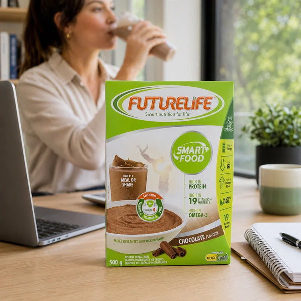 Futurelife Smart Food Chocolate 500g on a home-office breakfast desk