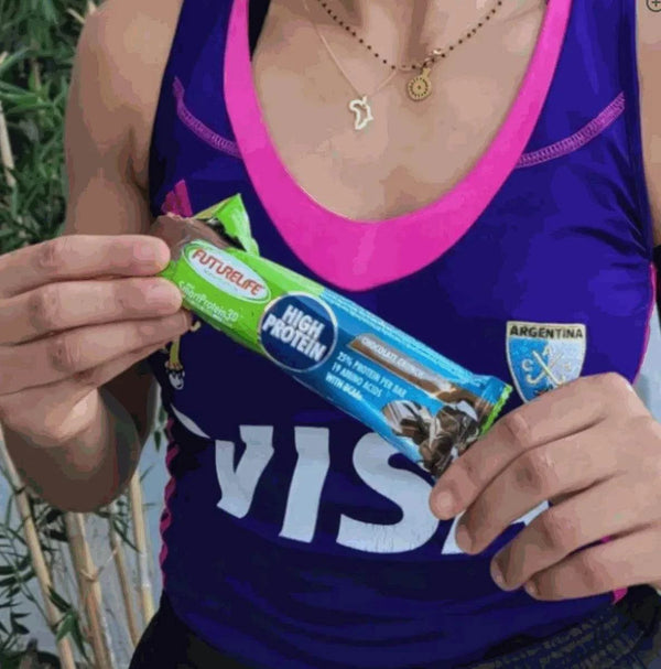 Futurelife Energy High Protein Chocolate Crunch Bar in hand, ideal snack for active lifestyles.