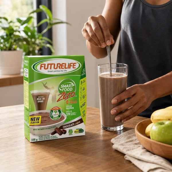 Adult preparing a Futurelife Zero Chocolate 500g meal replacement shake at breakfast