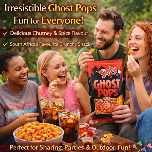 Simba Ghost Pops 100g packet of spicy chutney flavored Ghost Pop chips from South Africa