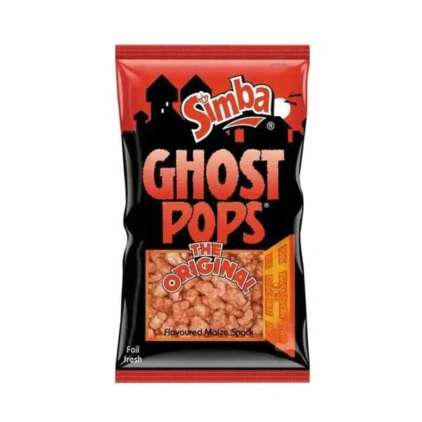Simba Ghost Pops 100g bag showing spicy chutney flavored snack chips from South Africa