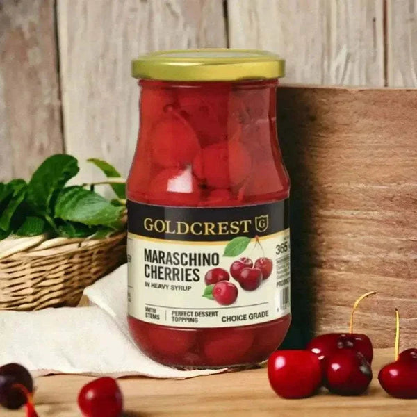 Goldcrest Maraschino Cherries 365g jar with soaked cherries for desserts and drinks