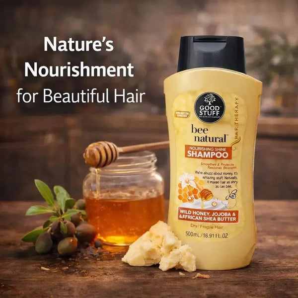 Good Stuff Bee Natural Nourishing Shine Shampoo 500ml bottle with honey, jojoba oil, and shea butter for dry hair