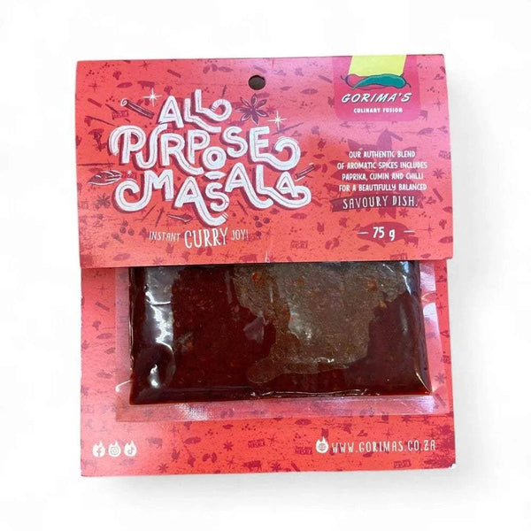 Gorima's Spice All Purpose Masala 75g packet with red packaging and curry spice blend visible inside