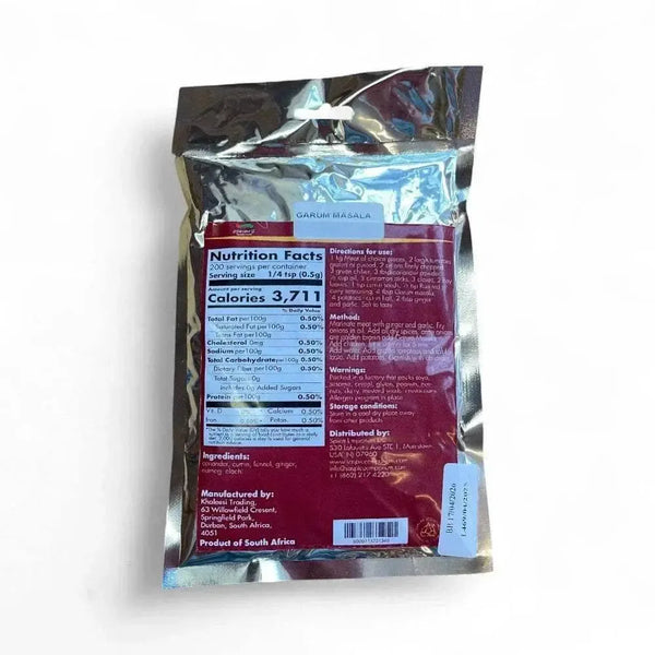 Back packaging of Gorima's Spice Garum Masala 100g with nutrition facts and usage instructions