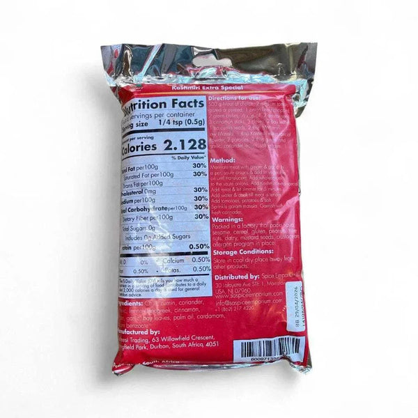 Back view of Gorima's Kashmiri Extra Special 500g spice pack showing nutrition facts and ingredients label