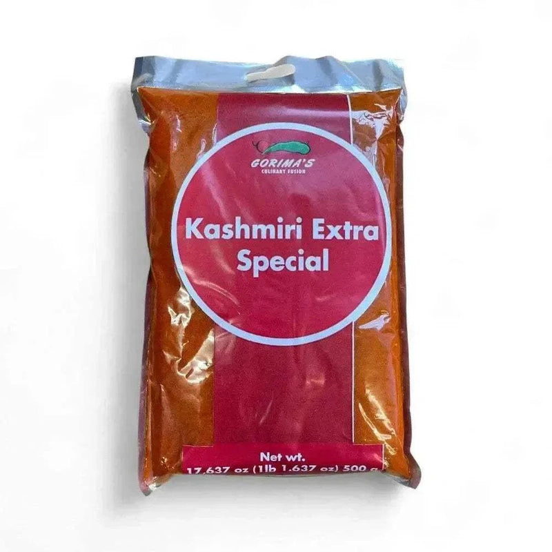 Gorima's Kashmiri Extra Special 500g spice blend with vibrant red color and aromatic mild heat