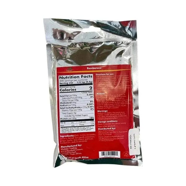 Gorima's Spice Romborossi 100g spice pack back view with nutrition facts and usage instructions