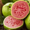 Koo Guava Halves in Syrup can 410g with fresh guavas in the background.