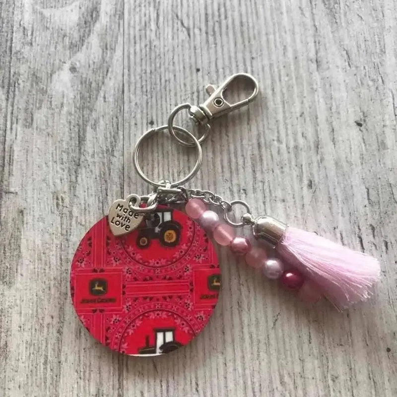 Handbag tag with pink John Deere tractor design, 40mm diameter, handmade with love