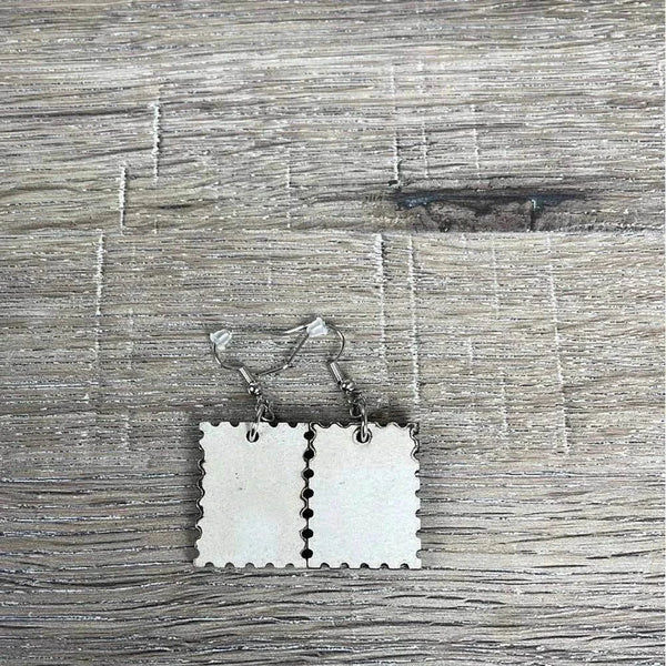 Hanging earrings featuring postage stamp design with donkey's nose, nickel-free, made in South Africa, sold in pairs