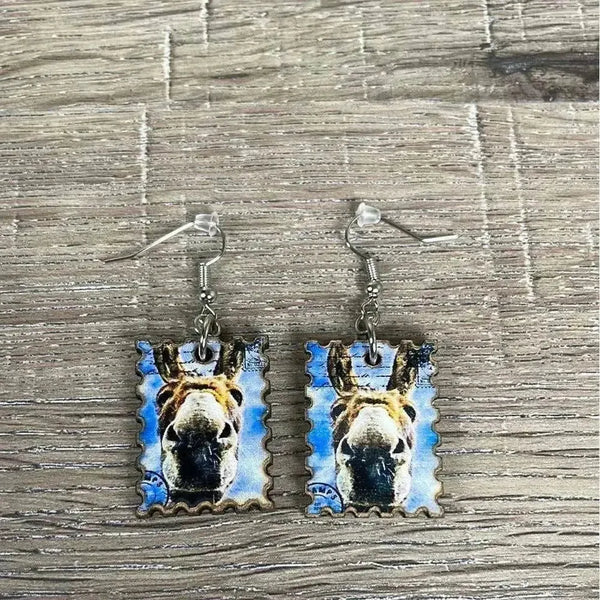 Hanging earrings featuring postage stamp design with a donkey's nose, nickel-free, made in South Africa, sold in pairs
