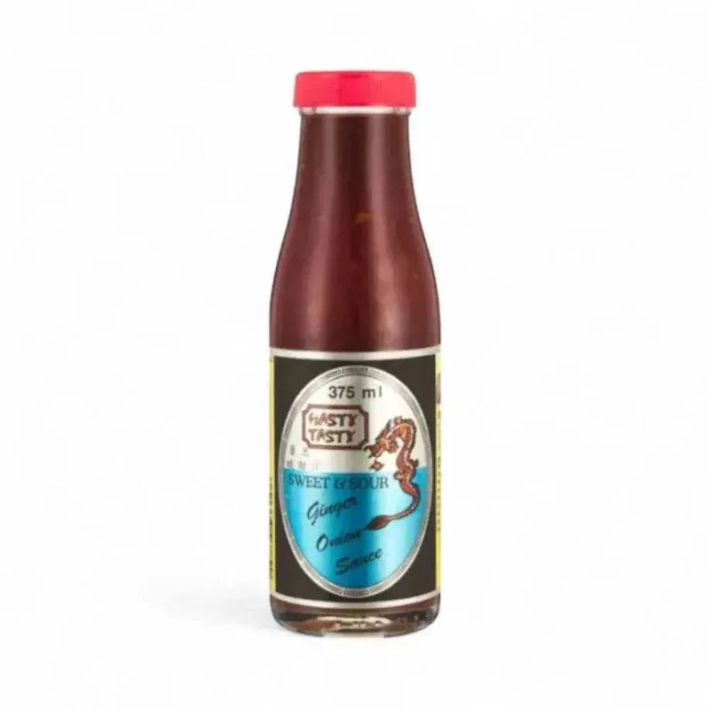Hasty Tasty Sauce Sweet & Sour Ginger Onion 375ml bottle with red cap.