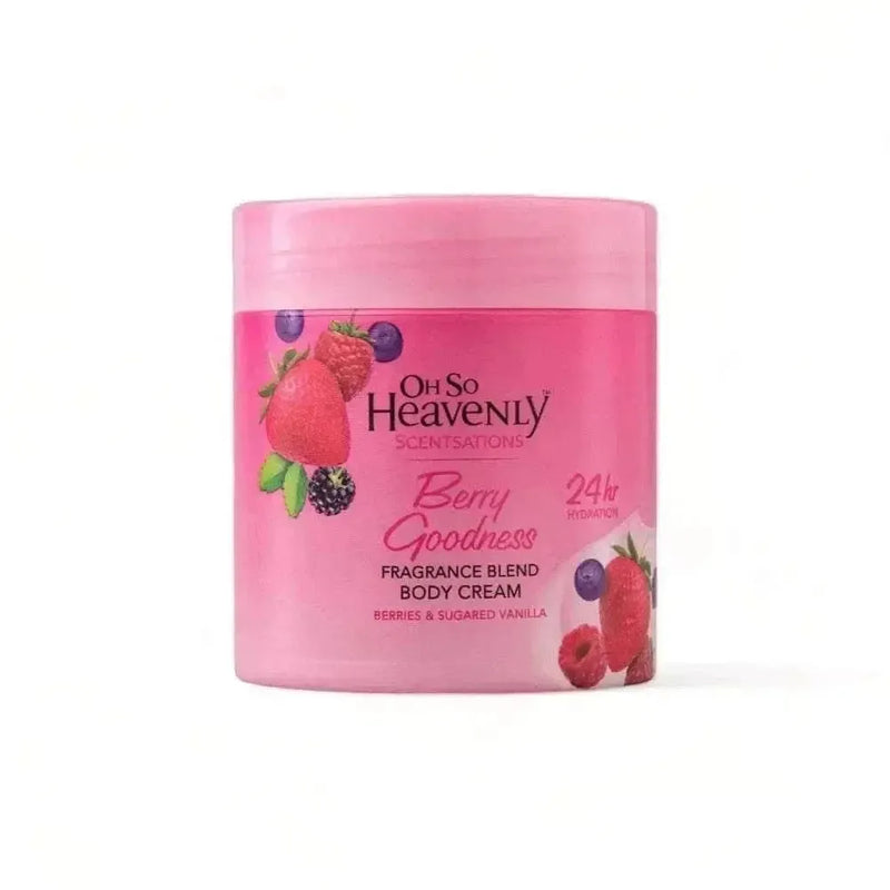 Oh So Heavenly Classic Care Body Cream Berry Goodness 470ml bottle with berries and cream background
