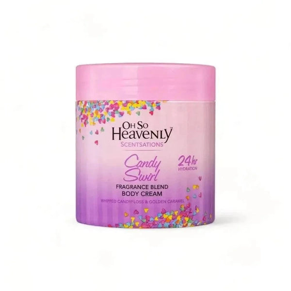 Oh So Heavenly Classic Care Body Cream Candy Swirl 470ml with sweet candy and vanilla fragrance in a pink jar