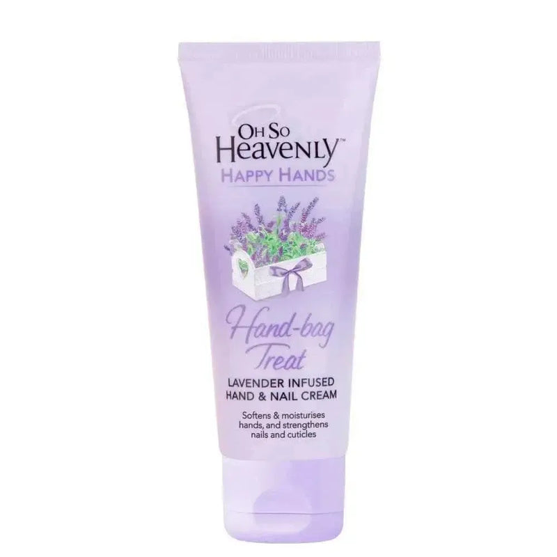 Oh So Heavenly Happy Hands Hand Cream Lavender Hand Bag Treat 100ml tube with lavender flowers and leaves background