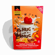 Hug-in-a-Mug Salted Caramel Honeycomb Cappuccino 8 sachets packaging with cup of cappuccino