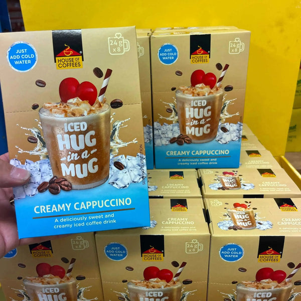 Hug-in-a-Mug creamy iced cappuccino sachets with cold water and milk powder packaging
