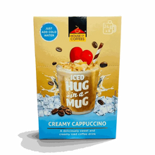 Hug-in-a-Mug creamy iced cappuccino sachets ready with cold water for smooth refreshing coffee