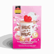 Box of Hug-in-a-Mug Toasted Marshmallow Cappuccino single-serve sticks with creamy coffee drink