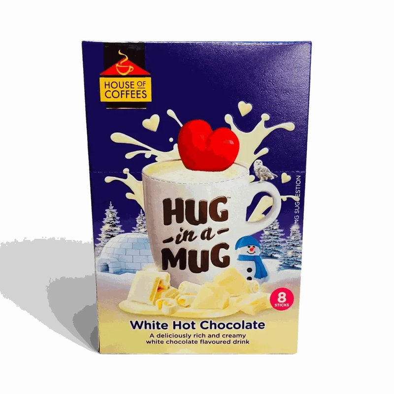 Hug-in-a-Mug white hot chocolate 8-pack sticks with creamy milk powder packaging