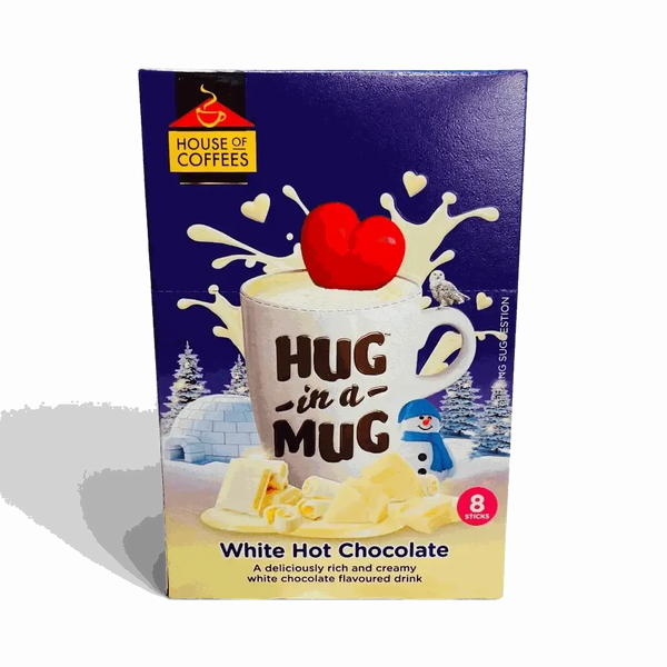 Hug-in-a-Mug white hot chocolate 8-pack sticks with creamy milk powder packaging