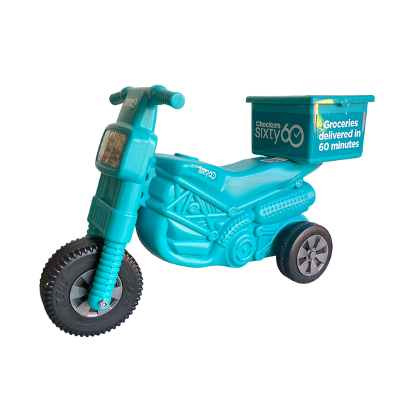 Checkers Sixty60 Teal plastic motorbike toy with three wheels and delivery box for kids aged 2+