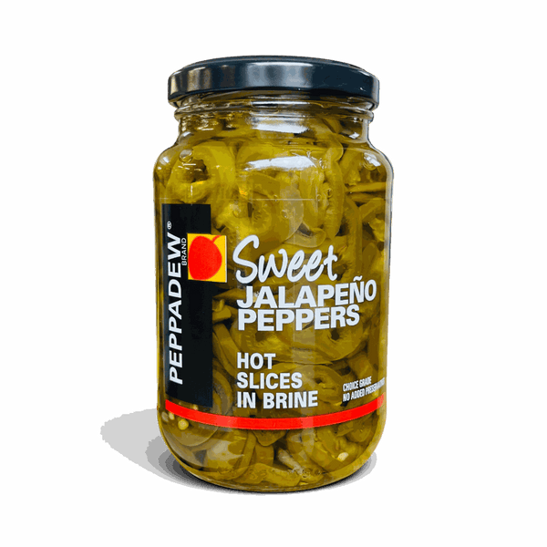 Jar of Peppadew Sweet Jalapeno Peppers Hot Slices in Brine 400g for mild spicy flavor