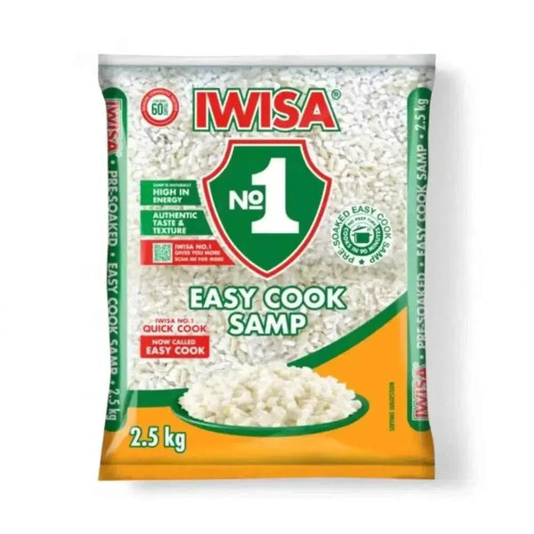 Iwisa Samp Easy Cook 2.5kg pack of quick-cooking dried maize kernels, South African staple for stews, sides, or porridge