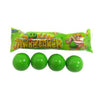 Green sour jawbreaker candies with bubblegum center and packaging featuring a cartoon character