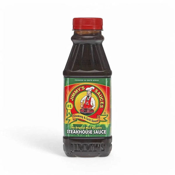 Jimmy's Sauces - Steakhouse Sauce 375ml bottle with vibrant label, ideal for enhancing steaks, burgers, and grilled meats with rich, smoky flavor.