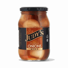Judy's Mild Pickled Onions 410g jar with tangy, crunchy onions for snacking and recipes