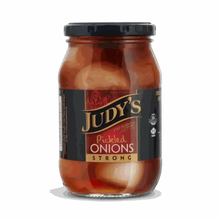 Judy’s Strong Pickled Onions 410g jar with bold, crunchy pickled onions for cheese and cold meats
