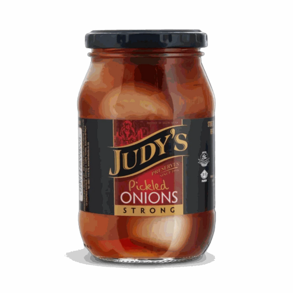 Judy’s Strong Pickled Onions 410g jar with bold, crunchy pickled onions for cheese and cold meats