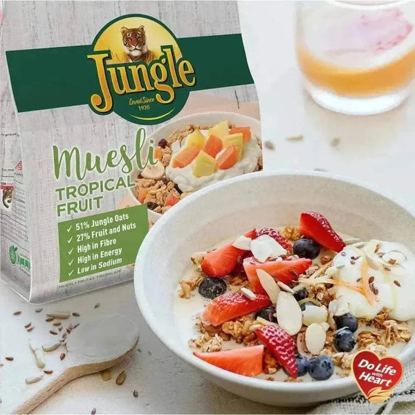 Jungle Muesli Tropical 750g pack with dried fruit, nuts, and seeds for a nutritious breakfast