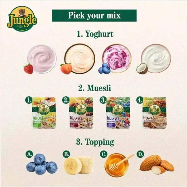 Jungle Meusli Tropical 750g pack with dried fruit, nuts, and seeds for a nutritious breakfast