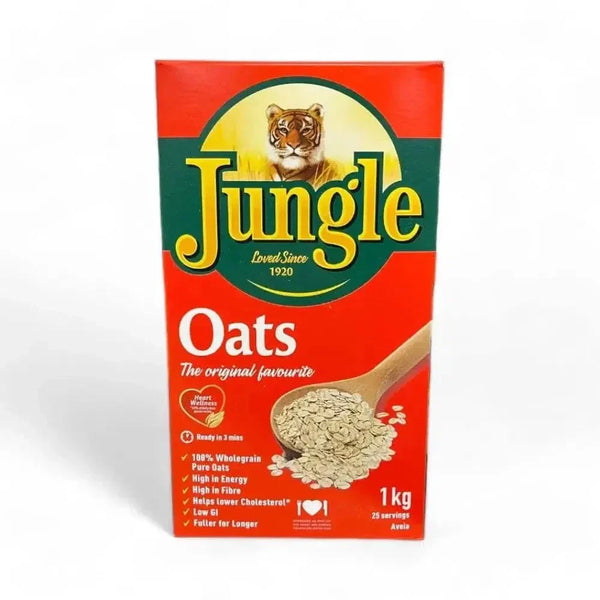 Jungle Oats 1kg box with wholegrain rolled oats, a nutritious and wholesome breakfast staple since 1920