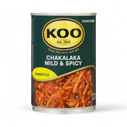 KOO Chakalaka 410g can with mild and spicy traditional South African vegetable relish including carrots, onions, cabbage, chillies, and green peppers
