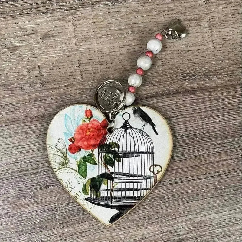 Key Tag - Wooden Heart with Bird Cage laser cut 75mm