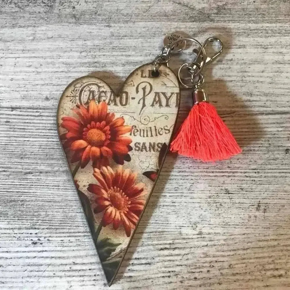 Flower Key Tags Key Tag - Wooden Heart With Orange Flowers | Unique Jewelry Accessory ...