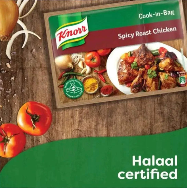 Knorr Cook-in-Bag for Spicy Roast Chicken, 54g, Halaal certified, featuring ingredients and juicy roast dish.