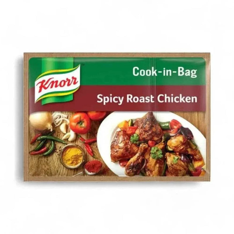 Knorr Cook-in-Bag Spice Roast Chicken 54g packaging with garlic and rosemary seasoning, showcasing juicy roasted chicken.