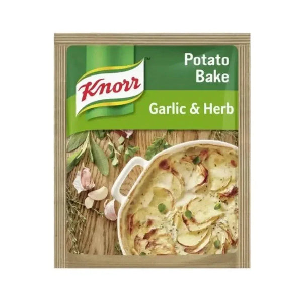 Knorr Potato Bake garlic herb mix with sliced potatoes baking in a creamy dish
