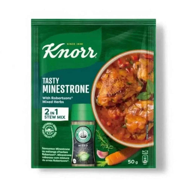 Knorr Tasty Minestrone 2-in-1 Stew Mix 50g package featuring a bowl of hearty soup with mixed herbs.