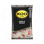 Koo Samp & Beans 500g pack with traditional South African samp and beans mix, high protein and fiber, endorsed by Heart and Stroke Foundation.
