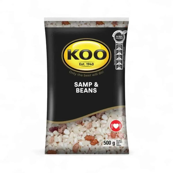 Koo Samp & Beans 500g pack with traditional South African samp and beans mix, high protein and fiber, endorsed by Heart and Stroke Foundation.