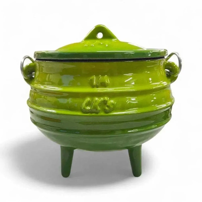 Green LK Enamel 3-Legged Cast Iron Pot 0.7L with lid and handle.