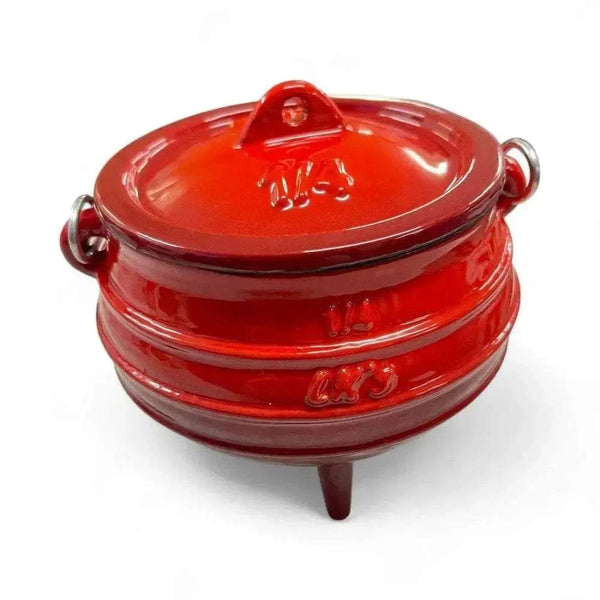 Red enamel 3-legged cast iron pot with lid, ideal for outdoor potjie cooking.