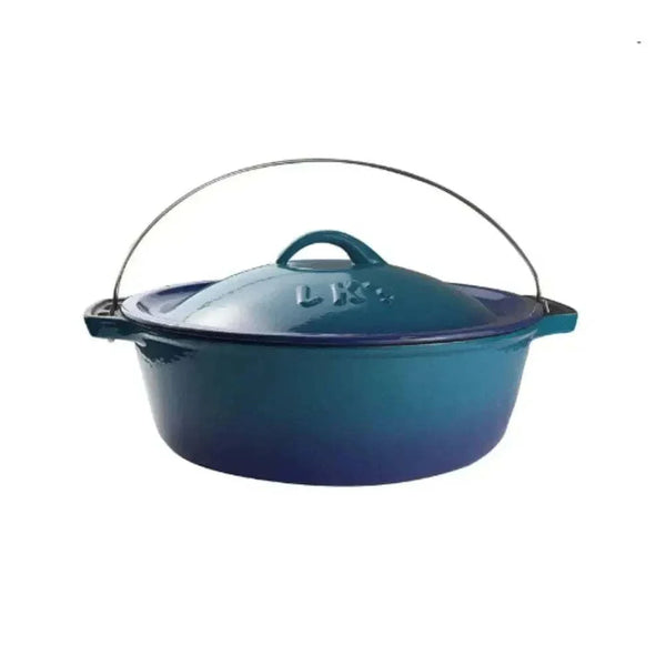 LK Flat Potjie Bake Pot 5L blue enamel cast iron cooking pot with lid and handle
