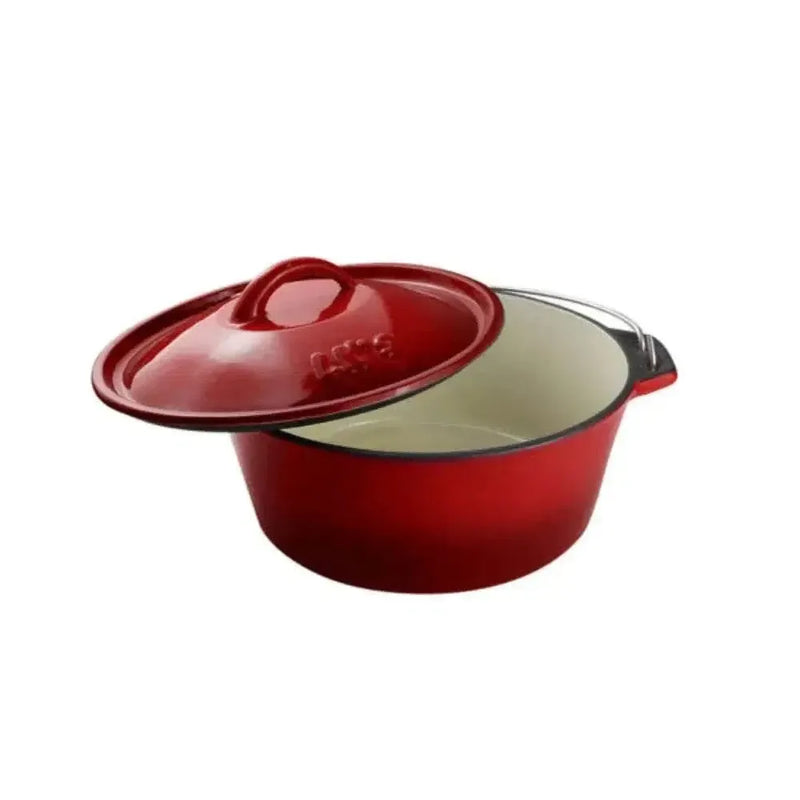 LK Flat Potjie Bake Pot 5L red enamel cast iron with lid and handle for versatile cooking